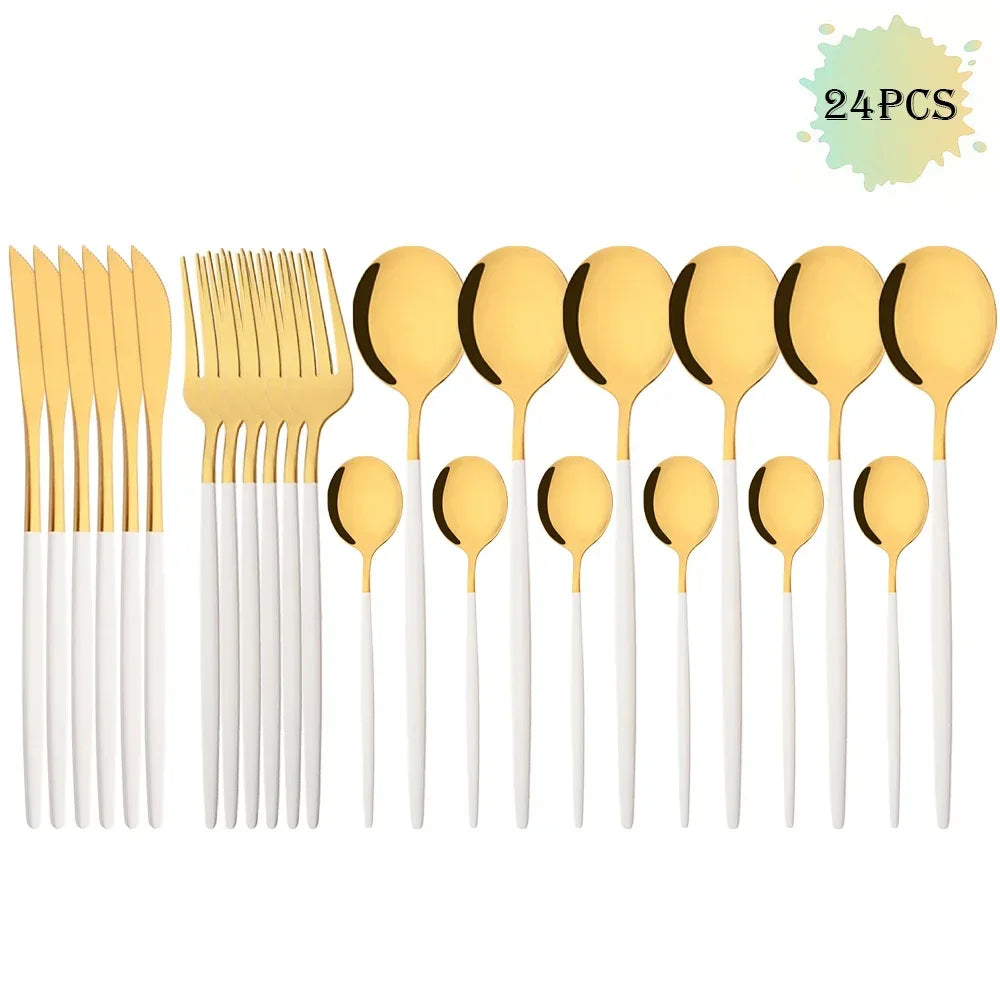 16/24/32/48Pcs Dinnerware Set White Gold Dinner Cutlery Set Stainless Steel Flatware Fork Kitchen Knife Fork Spoon Tableware Set