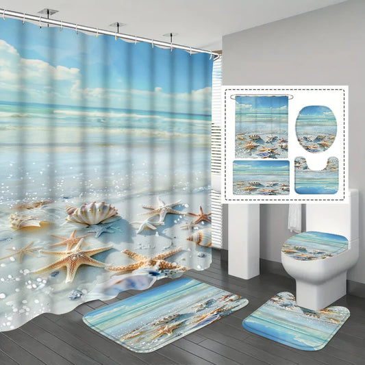 1/3/4Pc Fresh Ocean Style Beach Shell Shower Curtain Waterproof and Mildew-Proof Bathroom Partition Curtain