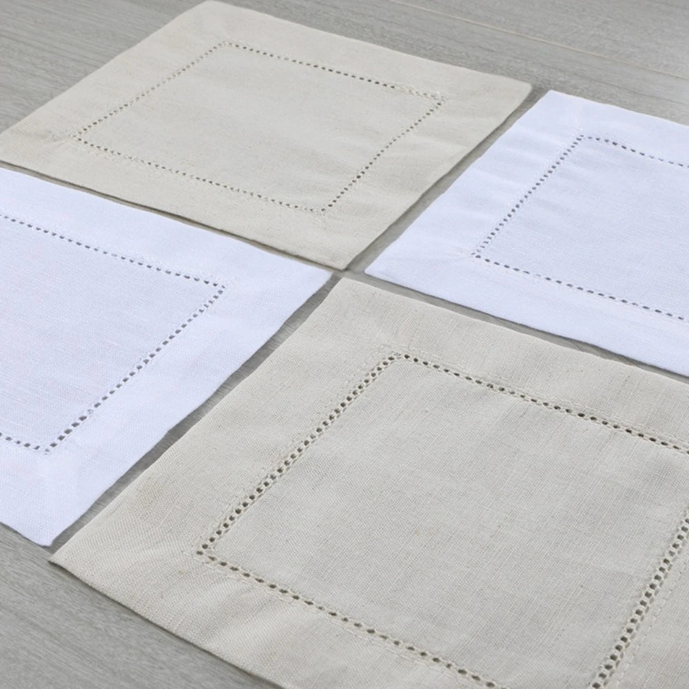 Set of 12 White Linen&Cotton Hemstitched Cocktail Napkins 6X6 Inch Washable Cloth Napkin Coasters for Wedding Bar Beverage Party