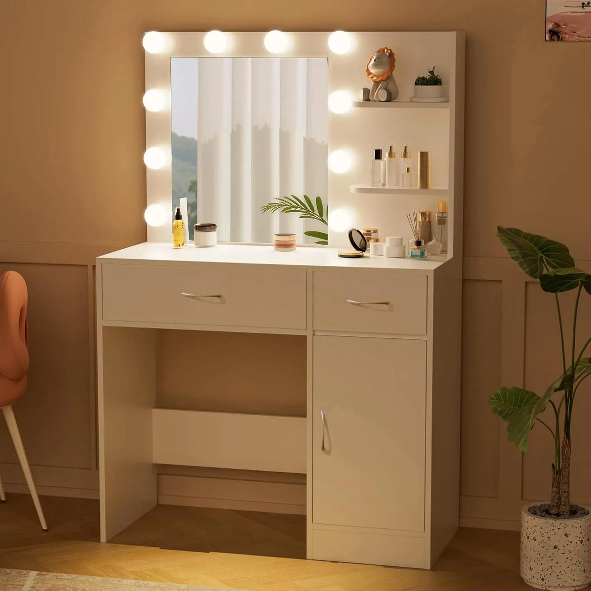 35.4" White Makeup Vanity Desk With Large Mirror & 10 Dimmable Hollywood Light Bulbs,Storage Cabinet, Customized