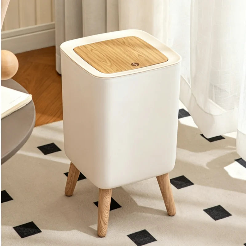 Nordic Standing Press‑Lid Trash Can, Square Cream White Plastic Waste Bin With Decorative Wooden‑Look Legs, Lidded Odor‑Proof Decorative Garbage Bin for Bedroom, Bathroom, Living Room