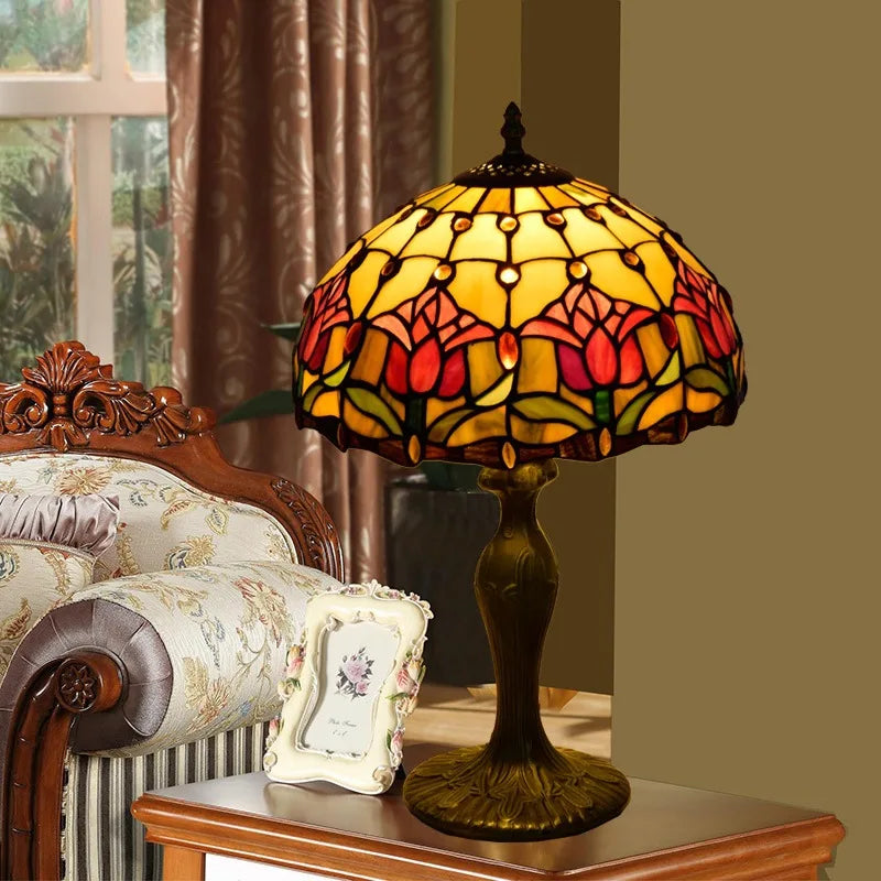 30CM American Tulip Table Lamp Tiffany Style Stained Glass Welding Art Gift Living Room Feeding Night Light Rustic 110V 220V