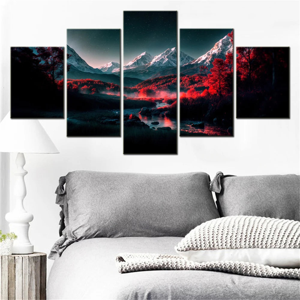 5 Pieces Canvas Wall Arts Landscape Poster Painting Nature Dramatic Scenery Wallpaper Colorful Interior Artwork Framework