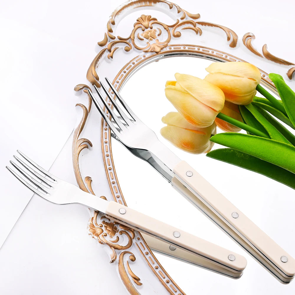 Beige Silver 4/16Pcs Dinnerware Acrylic Handle Knife Fork Spoon Set Stainless Steels Cutlery Set Western Dinner Kitchen Flatware