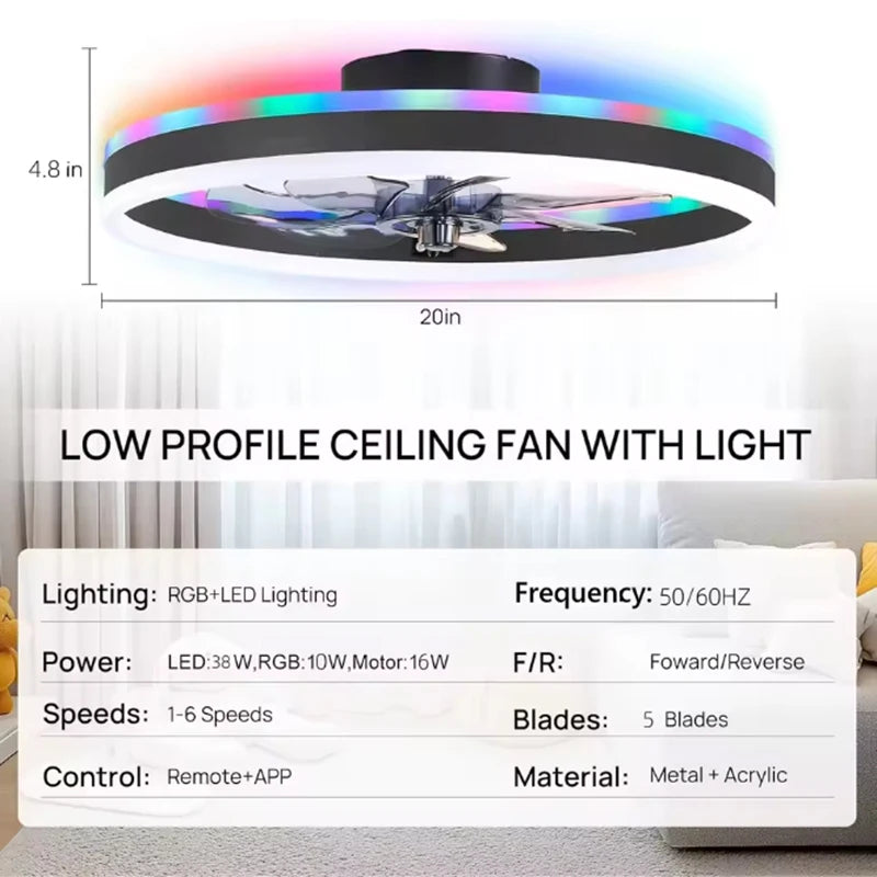 Smart RGB Ceiling Lamp Fan Home Decoration Atmosphere Ceiling Lamp Dimmable 6-speed Electric Fan for Hotel Bedroom Fixture