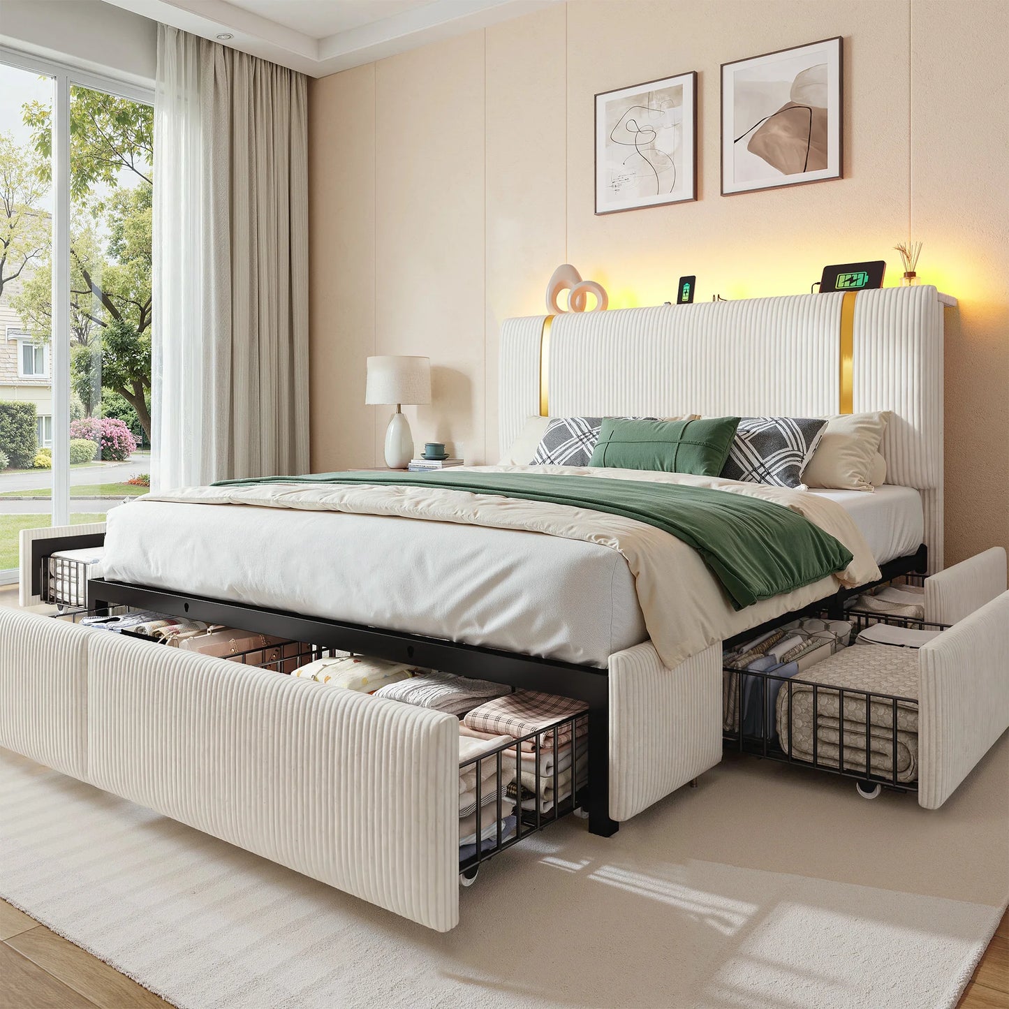 EnHomee Bed Frame with 6 Storage Drawers, Soft Upholstered Bed Frame with LED Light & Charging Station, Adjustable Tall Corduroy Headboard