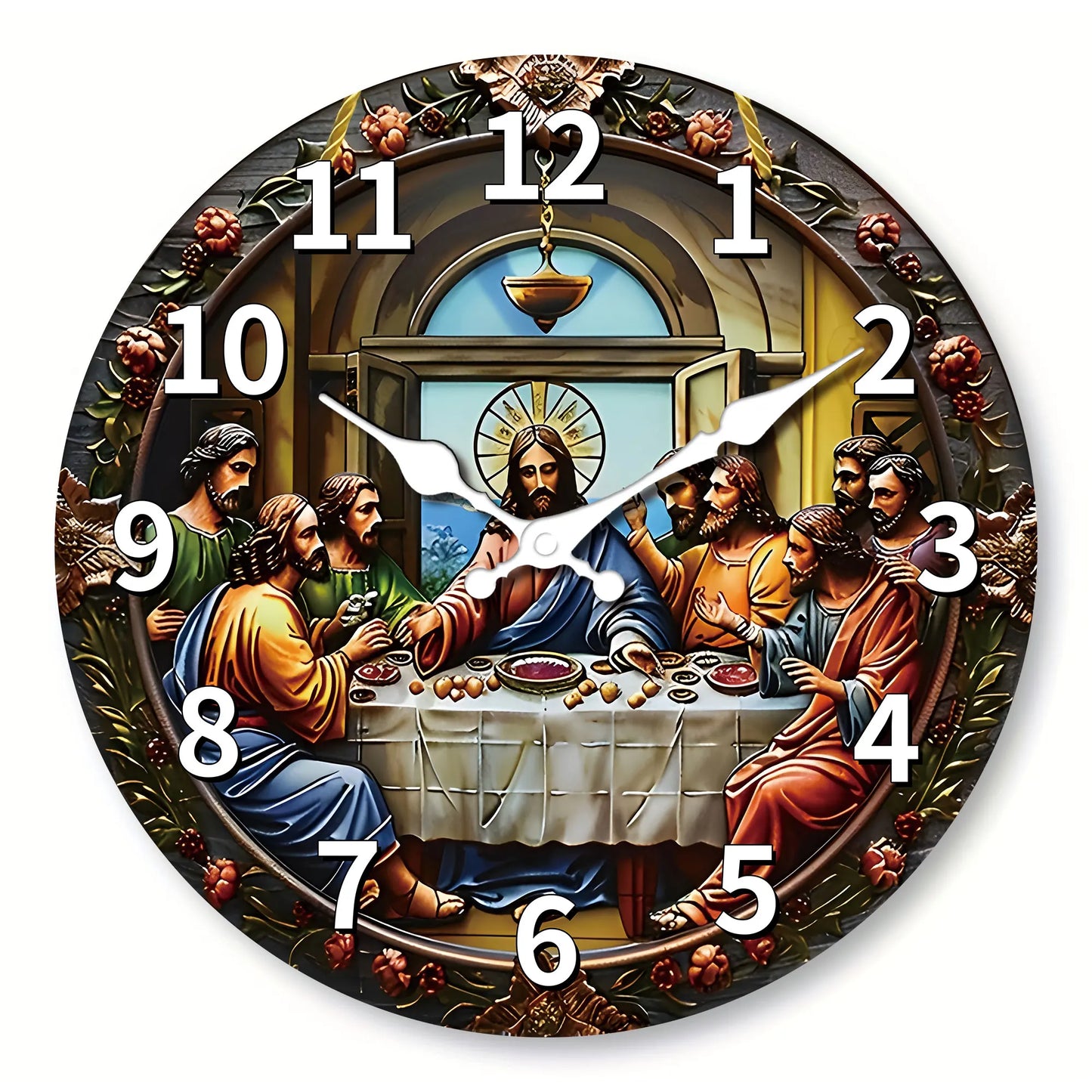 A wooden veneer wall clock, "Last Supper" themed design Flat wall clock, non-ticking silent clock, Living Room Bedroom, Office,