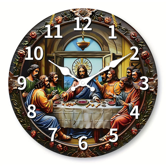 A wooden veneer wall clock, "Last Supper" themed design Flat wall clock, non-ticking silent clock, Living Room Bedroom, Office,