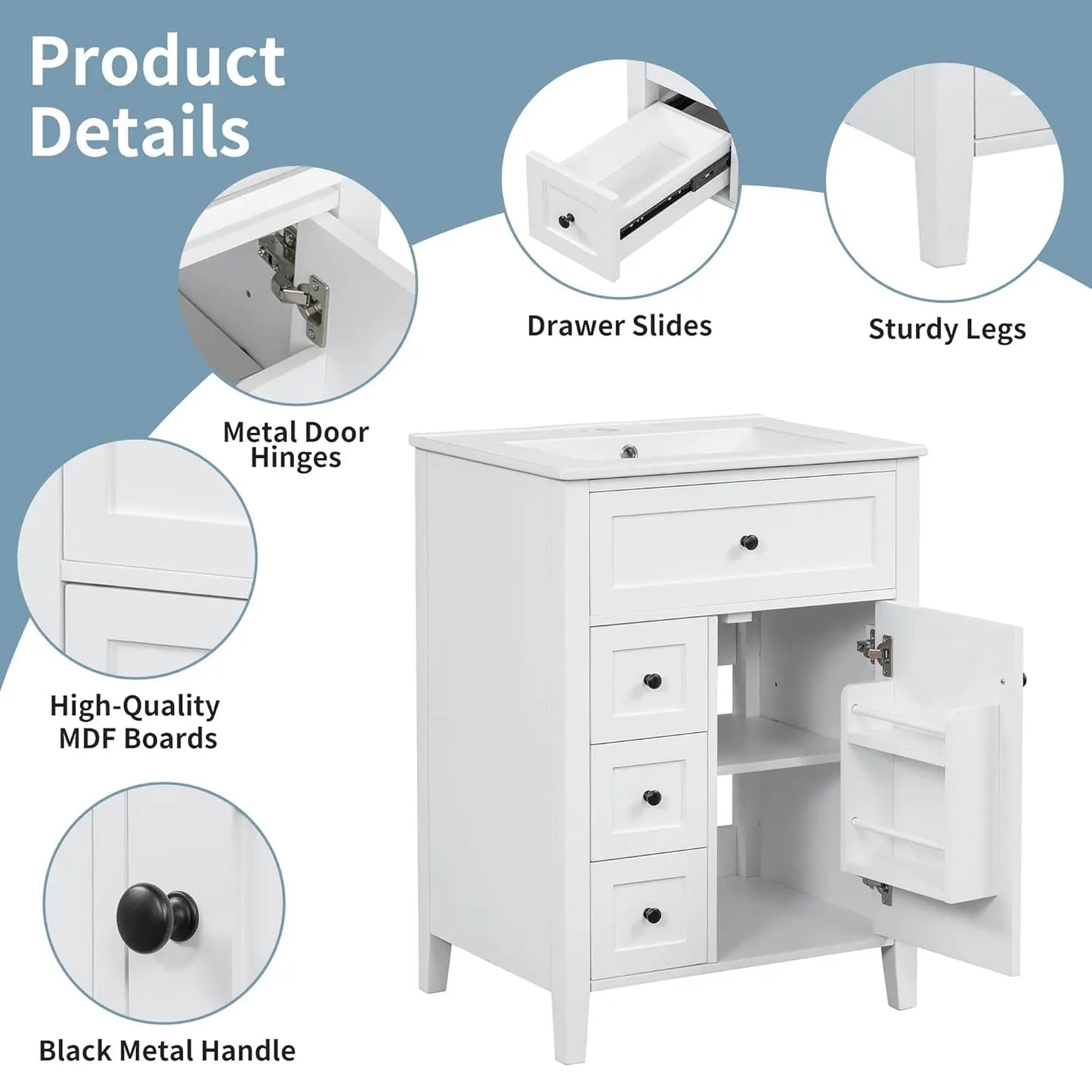 24" Solid Wood Bathroom Vanity with Sink, 3 Drawers & Tip-Out, Adjustable Shelves, Soft Close Organizer, White, Customized