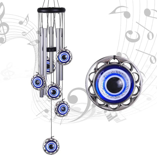 Blue Evil Eye Wind Chimes for Outdoor Decor, Handmade with 5 Aluminum Tubes, Perfect Gift for Home Garden Patio