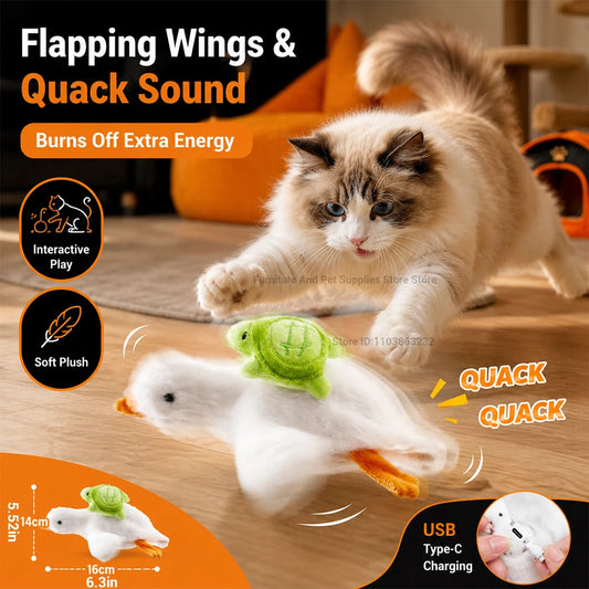 Interactive cat toy: motorized realistic duck with quacking sounds and flapping wings; plush chew toy for puppies and kittens
