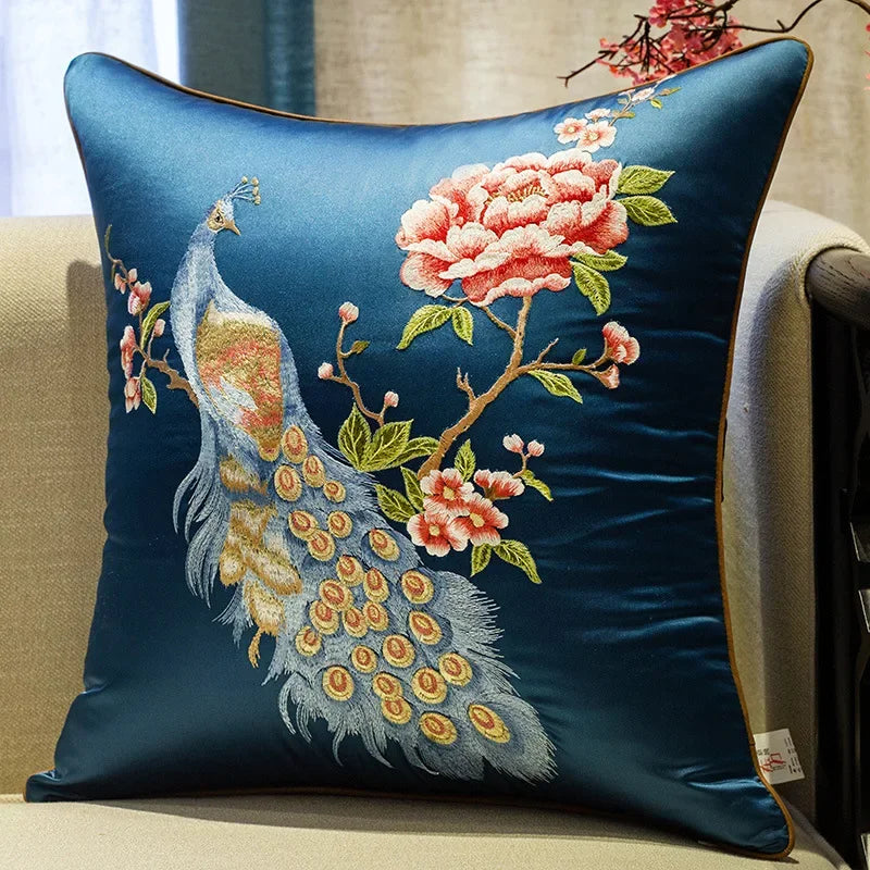 New Chinese Style Embroidered Bird Cushion Cover Living Room Sofa Waist Pillow Luxurious Classical Bed Head Silk Pillowcase
