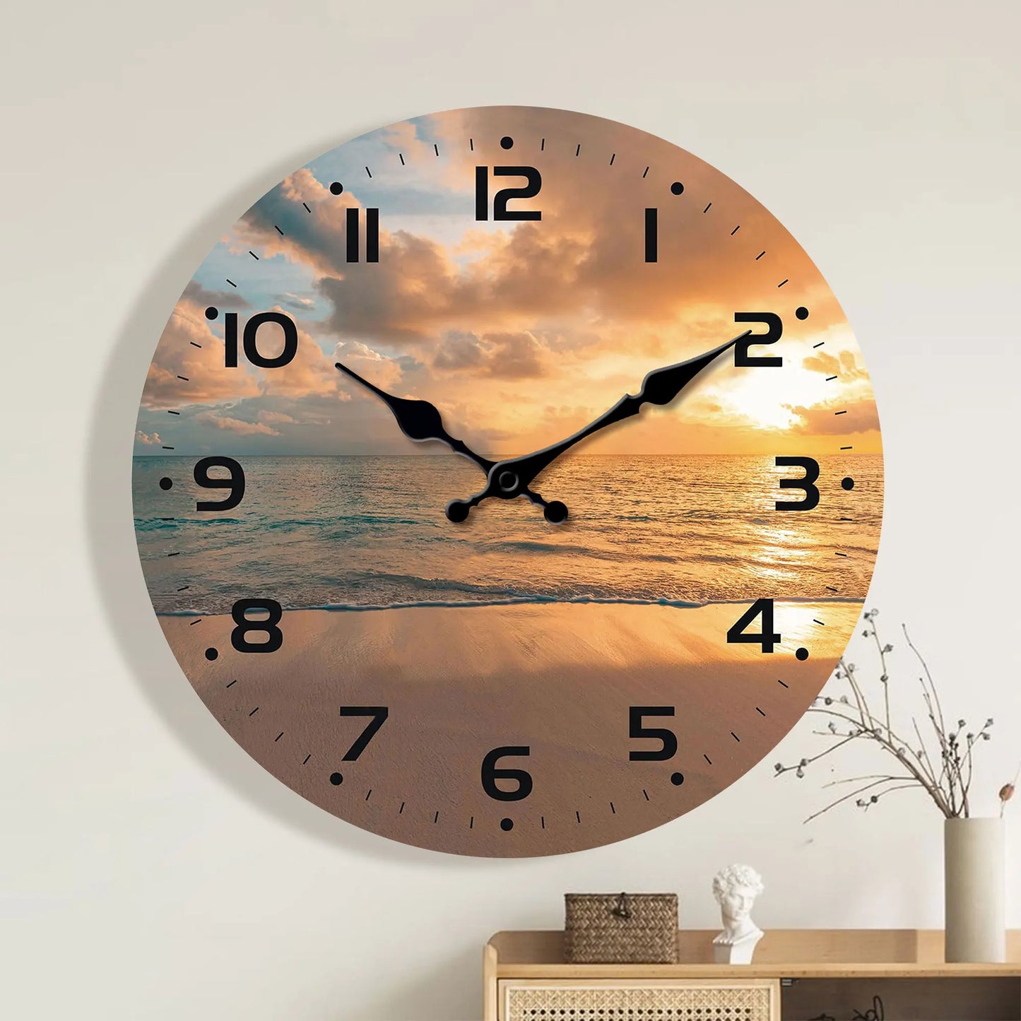 Sunset on the beach with Sea view Silent wall clock, round wooden wall clock, suitable for living room bedroom, room decoration,