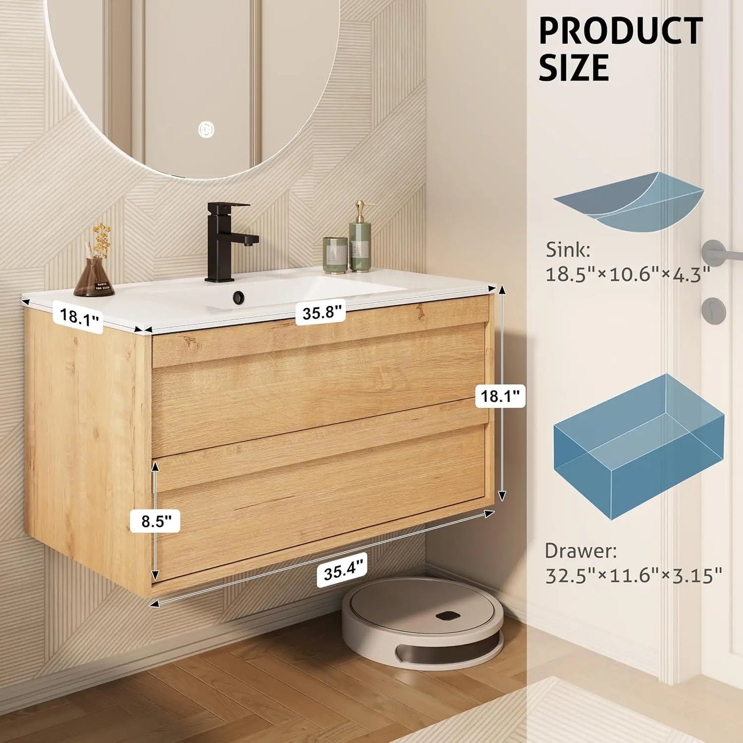 36" Floating Bathroom Vanity Sink Combo, Wall Mounted Modern Minimalist Storage Cabinet with 2 Drawers, Include, Customized