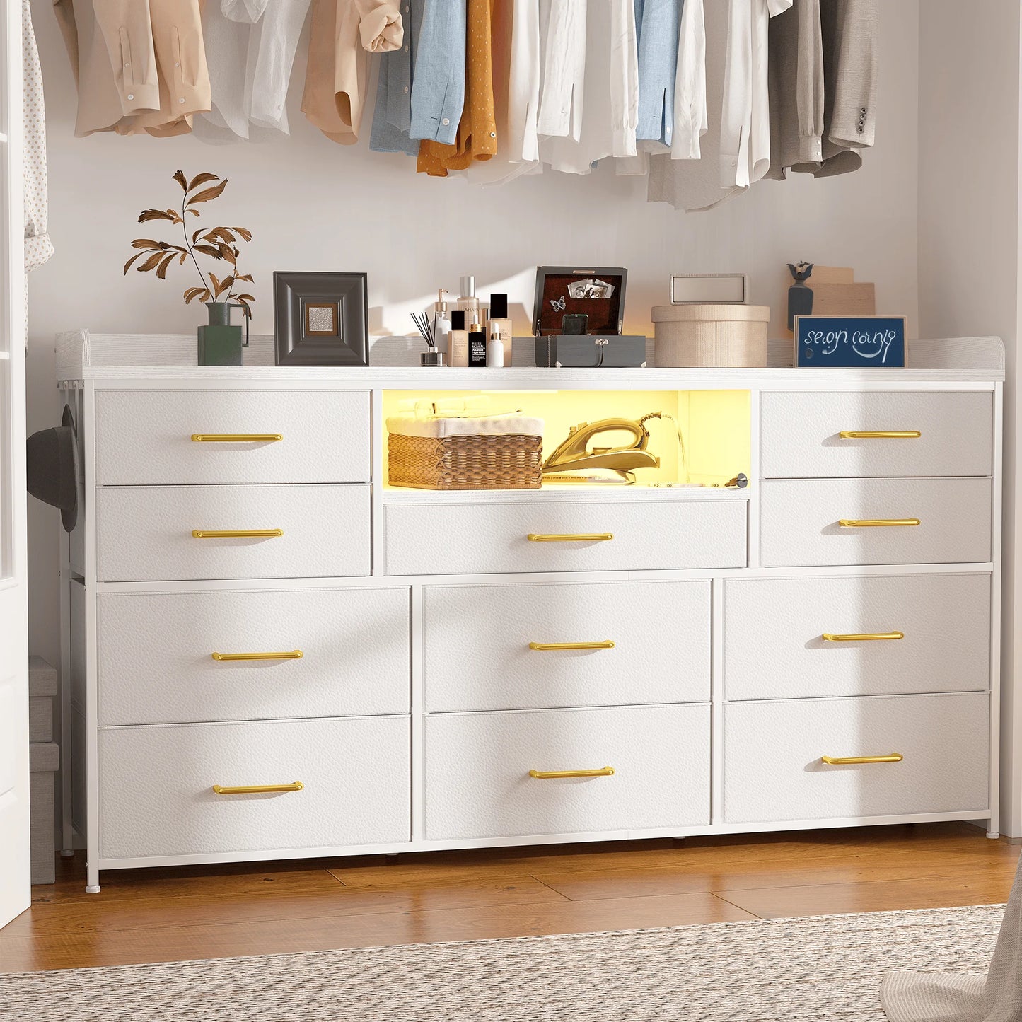60" TV Stand with 11 Drawers – LED Lighting, Power Outlets, White Dresser with Shelves & 5 Hooks – For Bedroom, Dorm, Hallway