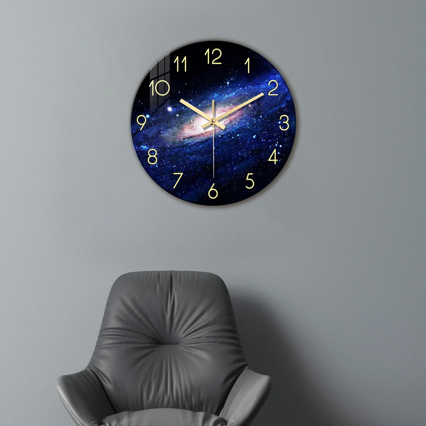 Creative Night Starry Sky Pattern Tempered Glass Wall Clock Living Room Bedroom Kitchen Home Decoration Wall Clock Silent Quartz Clock Holiday Gift 12 Inches 14 Inches 16inch (Without Battery)