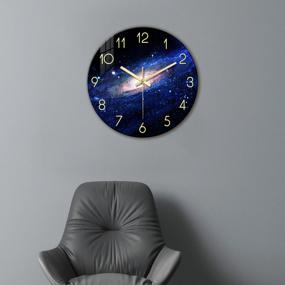 Creative Night Starry Sky Pattern Tempered Glass Wall Clock Living Room Bedroom Kitchen Home Decoration Wall Clock Silent Quartz Clock Holiday Gift 12 Inches 14inch 16inch (No Battery)