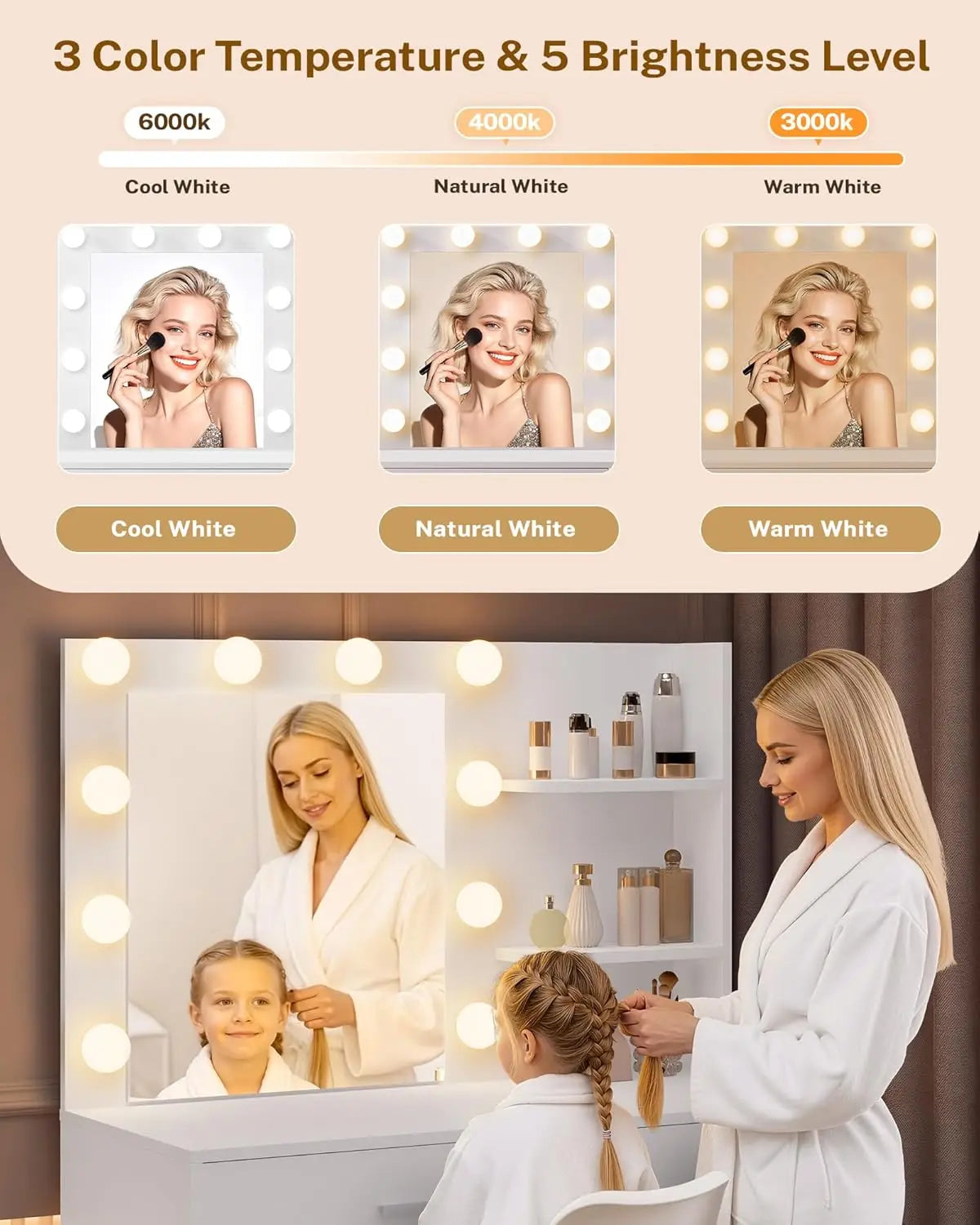 35.4" White Makeup Vanity Desk With Large Mirror & 10 Dimmable Hollywood Light Bulbs,Storage Cabinet, Customized