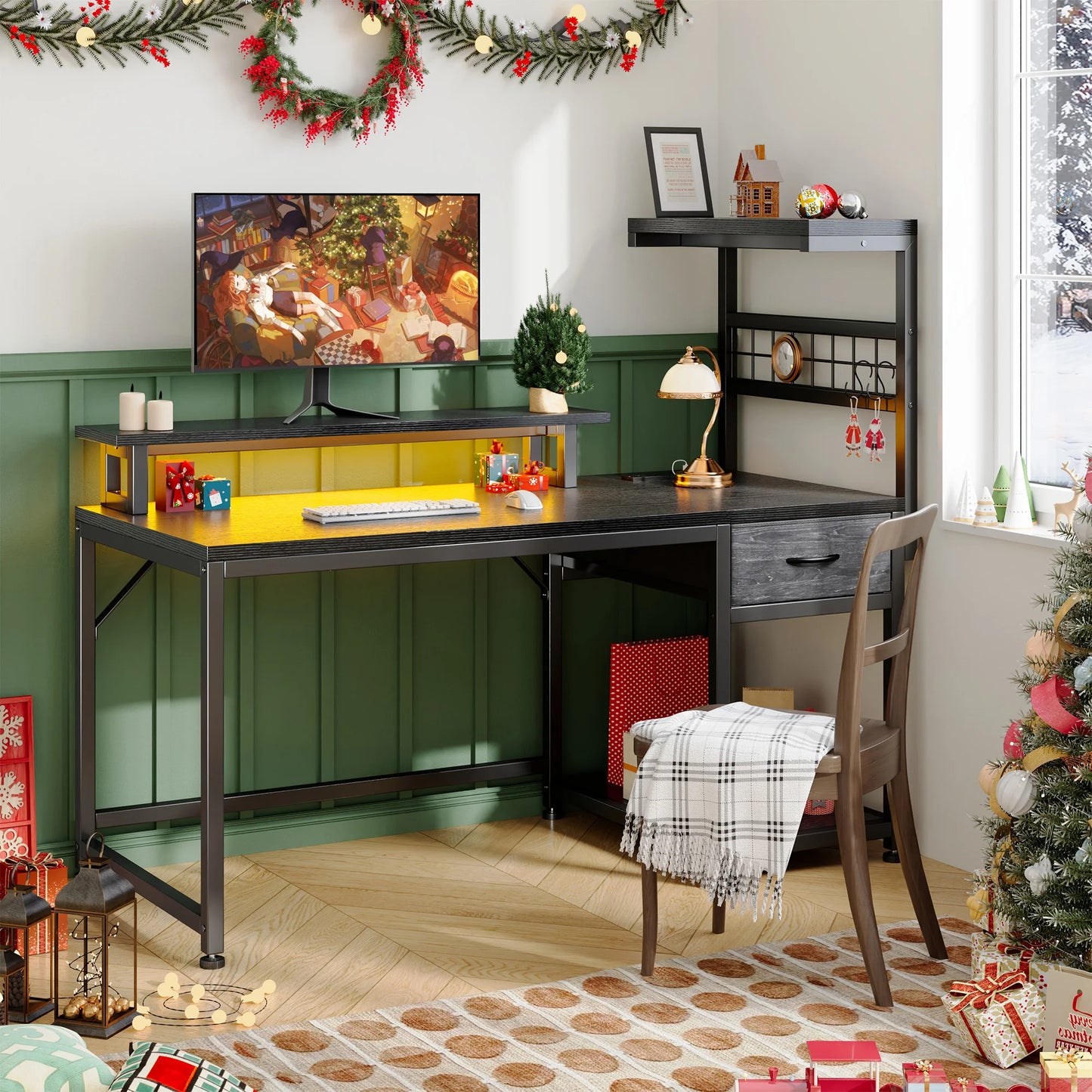 40"Gaming Computer Desk with Power Outlets RGB LED Lights Office Desk with Drawer Storage Shelves Monitor Stand For Small Space