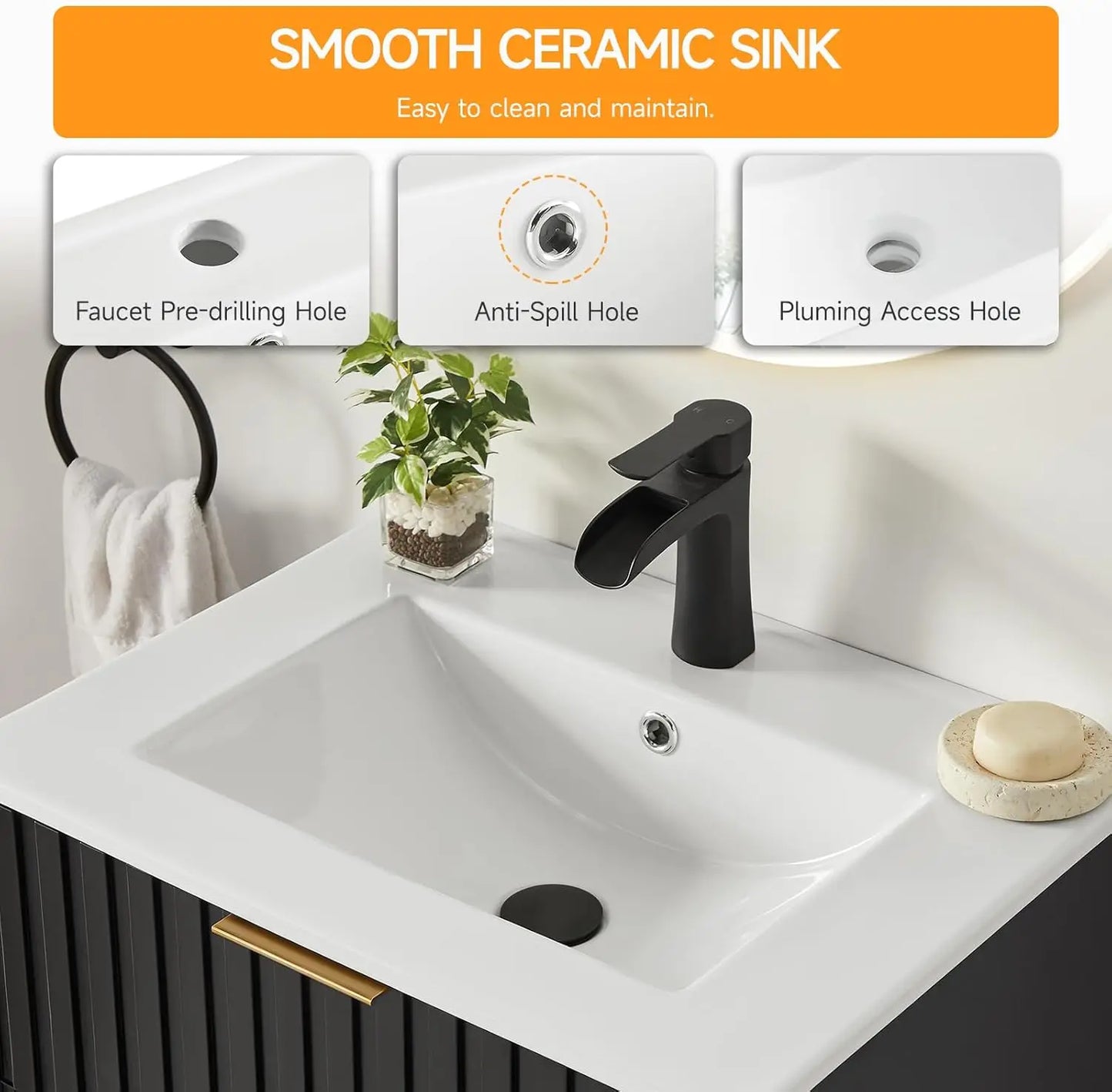 Bathroom Vanity with Sink, Wall Mounted Fluted Cabinet with 2 Golden Metal Handle Drawers, Floating Bathroom Cabinet(Black, 24")