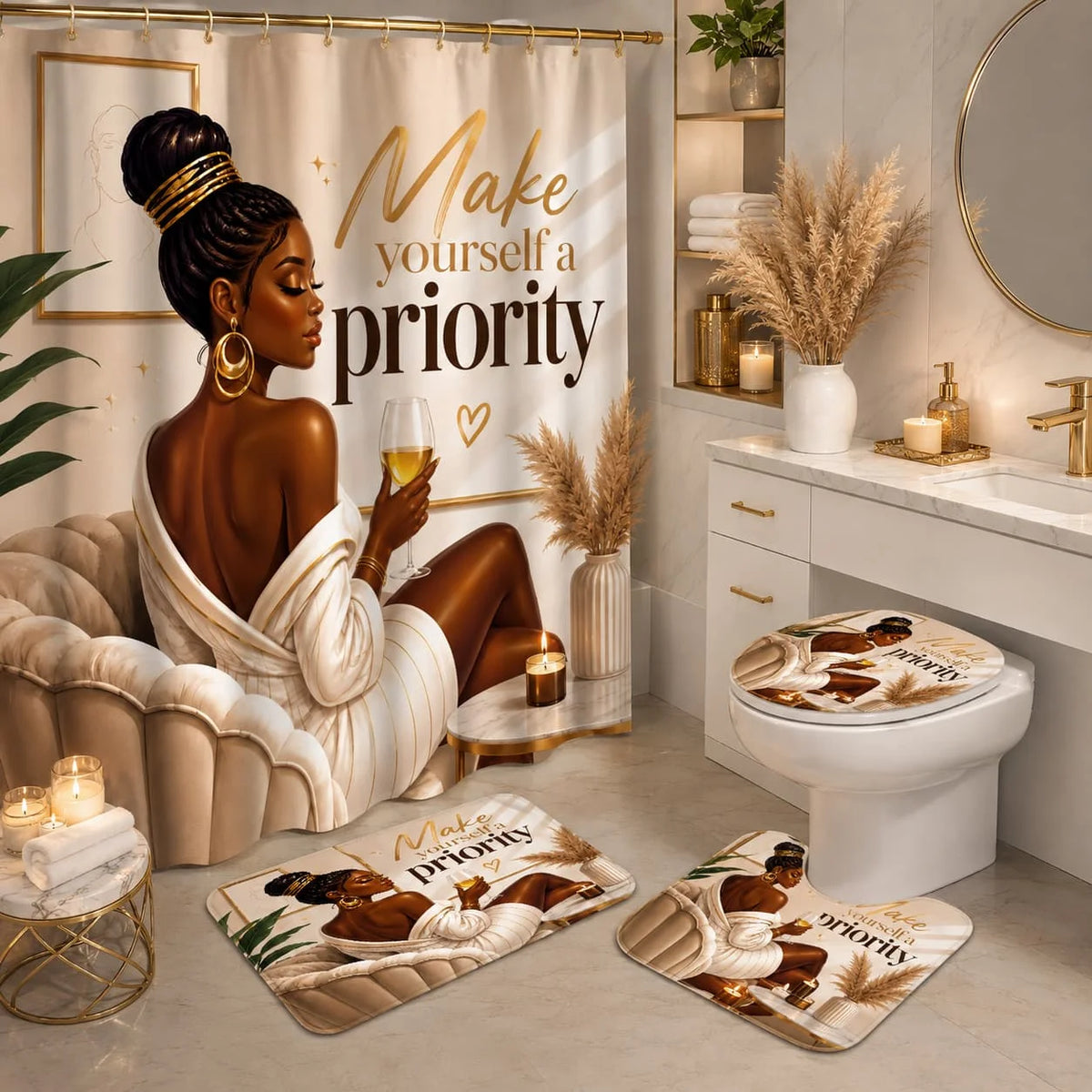 2D Flat, 2D Flat 4pcs Elegant Shower Curtain Set, Beige Golden Black Woman Inspirational Quote Design Bathroom Decor, Additions with U-Shaped, Toilet Lid Cover, Shower Curtain Includes Hooks, Inspirational Self Love Art, Home