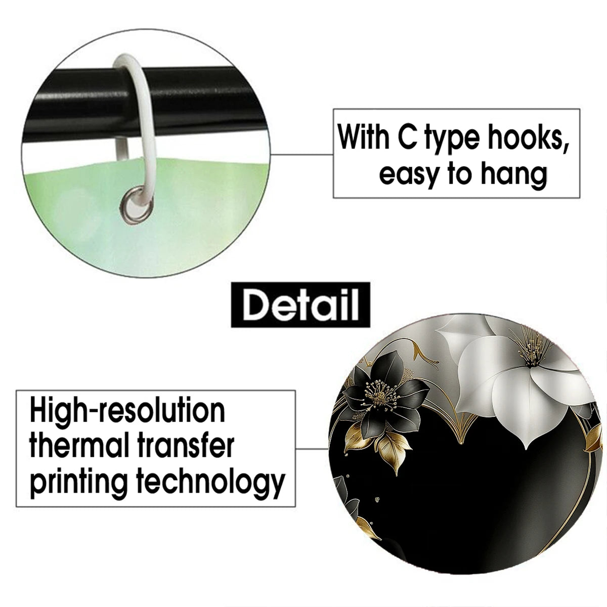 4Pcs Black Gold Heart Flower Shower Curtain Set with Hooks, Luxury Elegant Floral Print Waterproof Mildew Resistant Fabric Bath Mat for Family Bathroom Home Decor