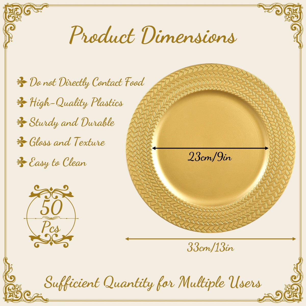 Set of 50 Gold Charger Plates 9 Inch Plastic Reusable Decorative Dinner Chargers, Antique Gold Round Serving Plates with Olive Leaf Pattern Embossed Rim, Heavy Duty Table Chargers for Wedding Party Banquet Christmas Table Set