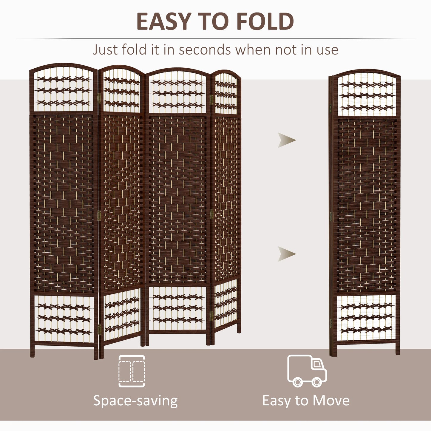 HOMCOM 4 Panel Room Divider, Folding Privacy Screen, 5.6' Room Separator, Wave Fiber Freestanding Partition Wall Divider, Brown