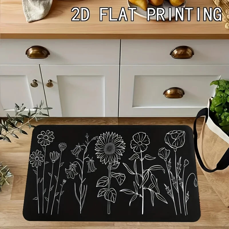 Simple Black White Line Art Wildflower Sunflower Runner Rug, Non-Slip Kitchen Rug for Kitchen, Living Room, Bathroom