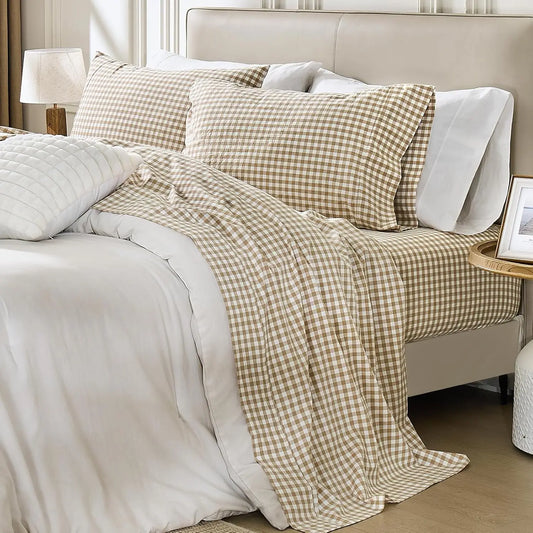 Gingham Sheet Set: 100% Washed Cotton, Linen-Like Texture, Breathable and Soft, 3/4-Piece Set, Plaid Checkered Bed Sheets, 15" Deep Pocket,Twin/Twin XL/Full/Queen/King/California King