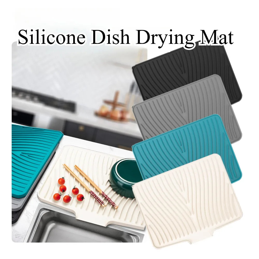 Silicone Dish Drying Mat Heat-Resistant Drain Pad Non-Slip Kitchen Countertop Protector Sink Cabinets Pans Utensils Tableware