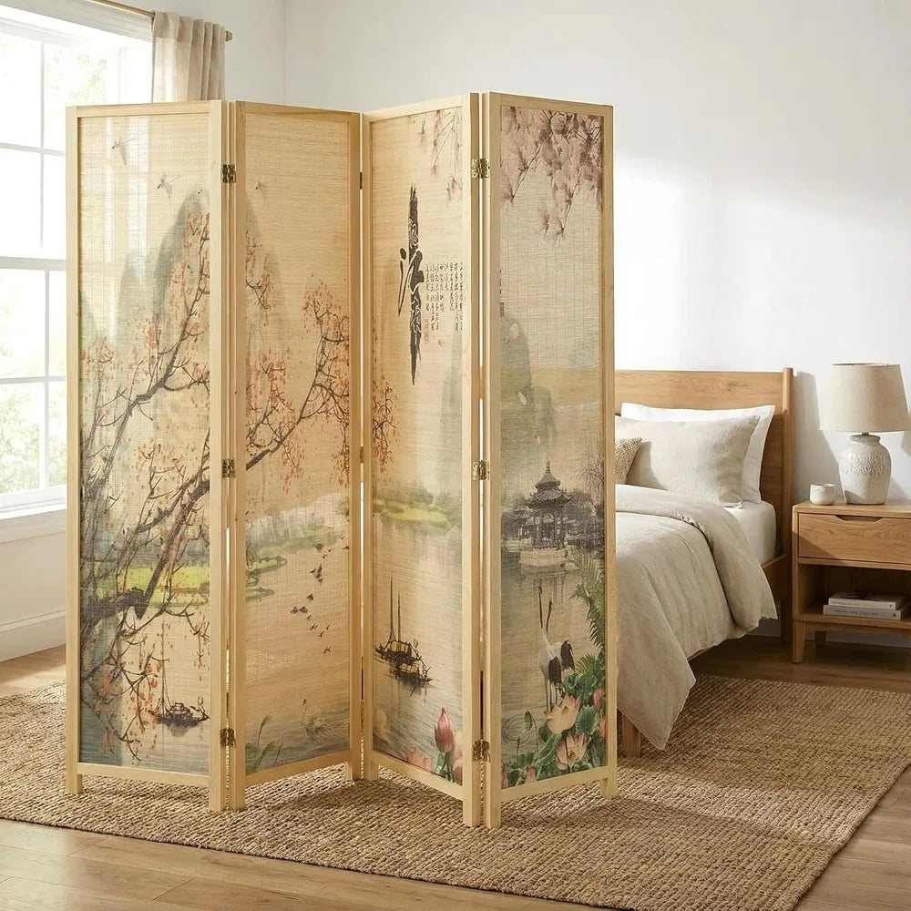 Office 4 Panel Folding Bamboo Room Divider Freestanding Cherry Blossom Floral Artwork Partition Screen with Beige Wood Frame