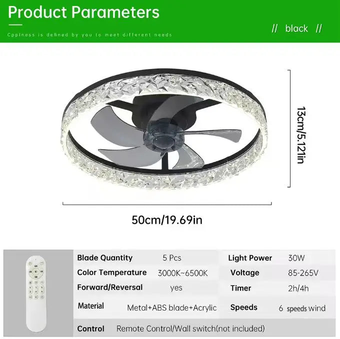 Ceiling Fans With Lights And Remote: 19.7" Modern Low Profile Flush Mount LED Ceiling Fan For Bedroom Crystal Bladeless Fandelier For Living Room Kitchen Dimmable DC Motor