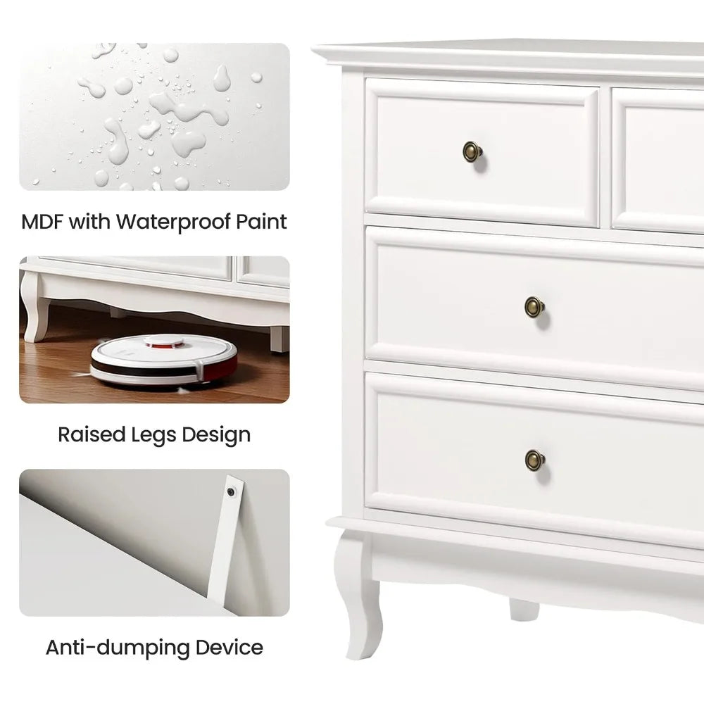 53" Wide White Modern Dresser,7 Drawers,Solid Wood Legs For Bedroom, Custom