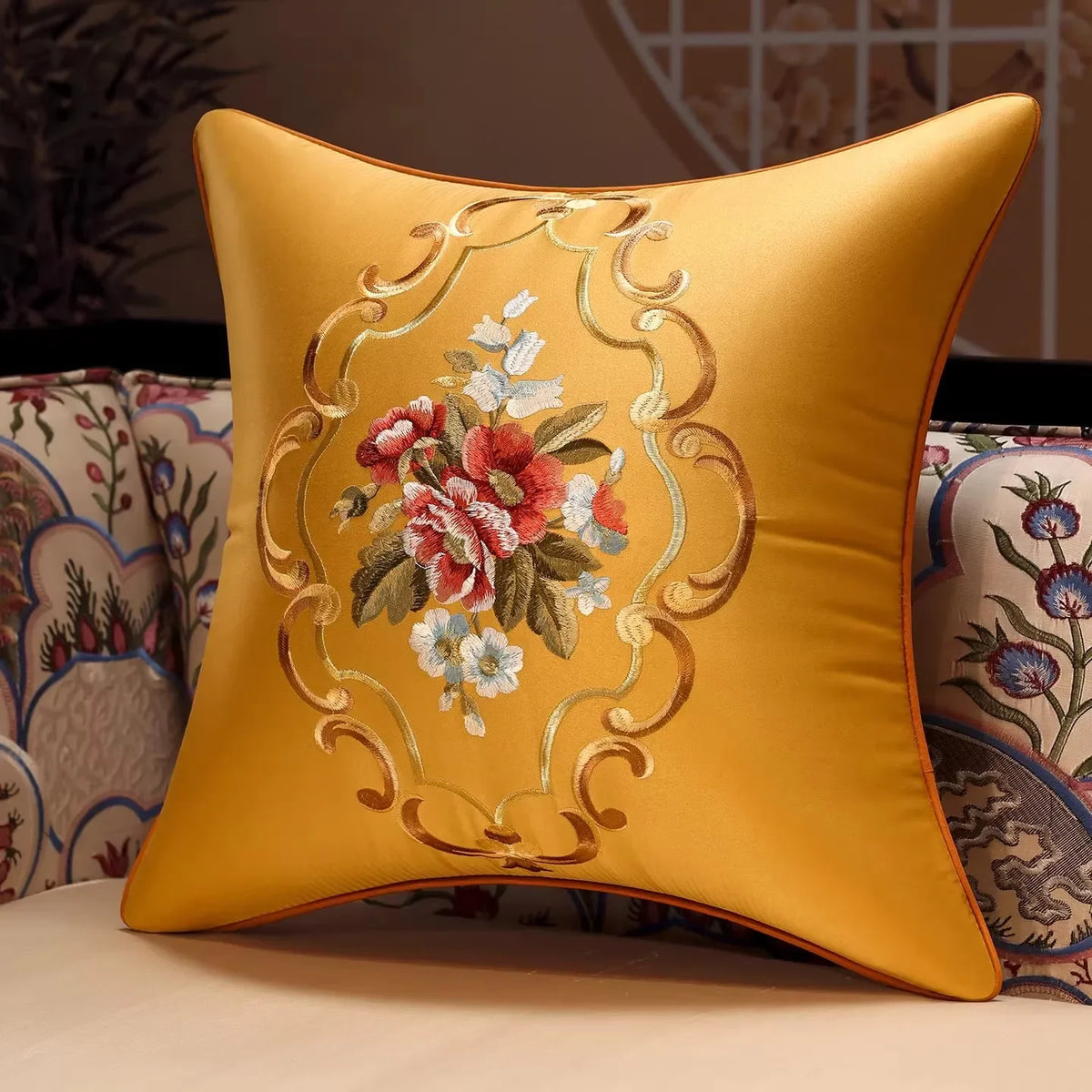 New Chinese Style Embroidered Bird Cushion Cover Living Room Sofa Waist Pillow Luxurious Classical Bed Head Silk Pillowcase