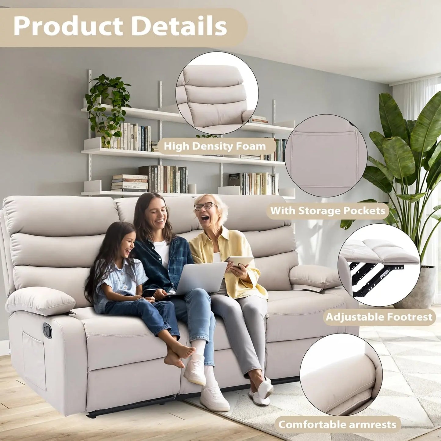 Manual 3 Seat Reclining Sofa Leather 3-Seater Manual Reclining Couch with Overstuffed Arms 3 Seater Couch Recliner, Customized