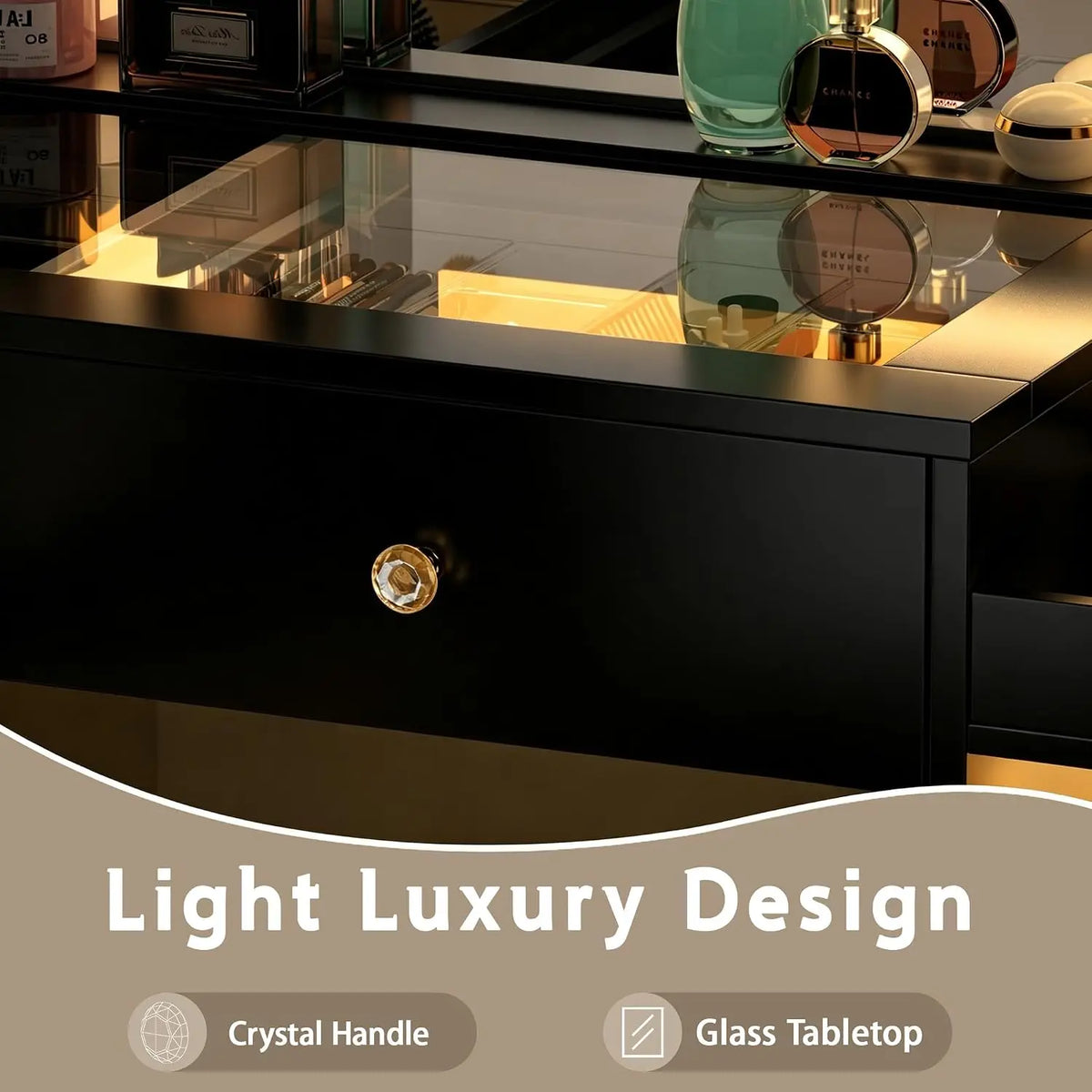 62" Large Black Vanity Desk with Glass Top, Makeup Vanity with Mirror and LED Lights, One-Touch 3 Lighting Modes, Dressing Table