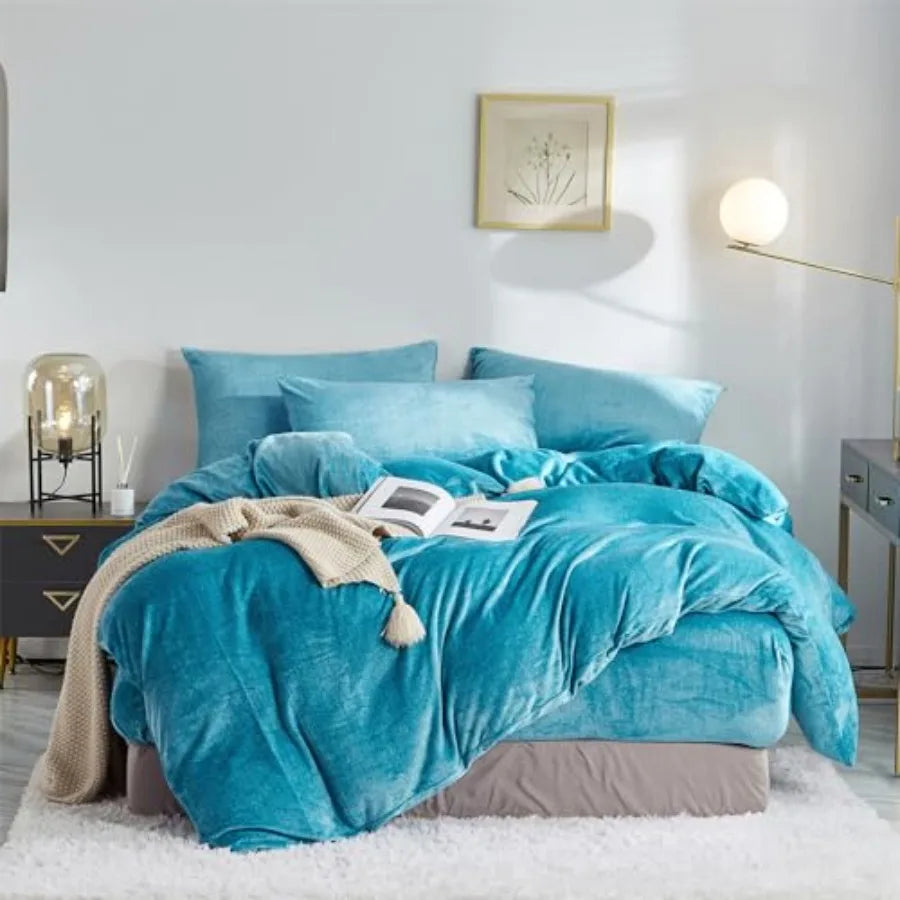 Fluffy Velvet Duvet Cover Set Turquoise Blue Size Fall Winter Soft Warm Flannel Comforter Cover 90" x 90" Luxury Cozy Plush Fle
