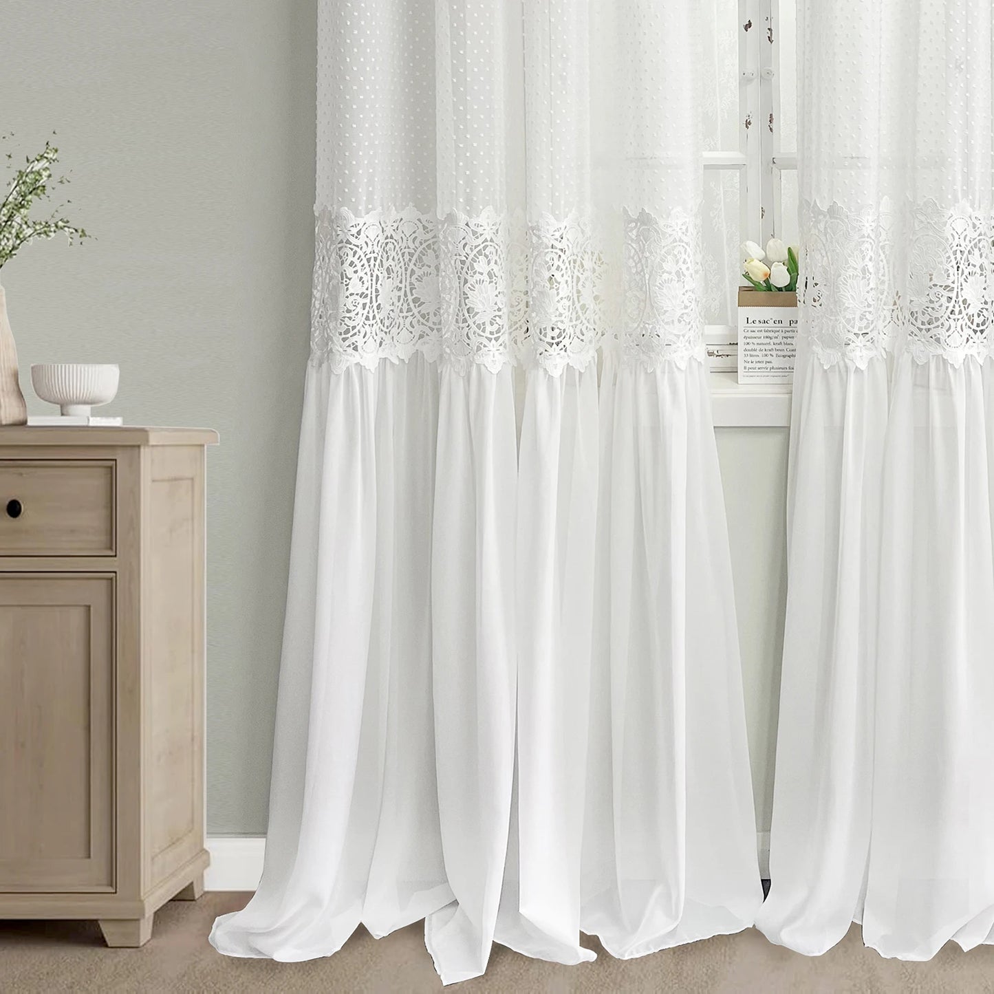 French Romantic Lace Tulle Sheer Curtains, Hollow Flower Light Filtering Drape for Bedroom, 300cm Height Extra Long Curtain