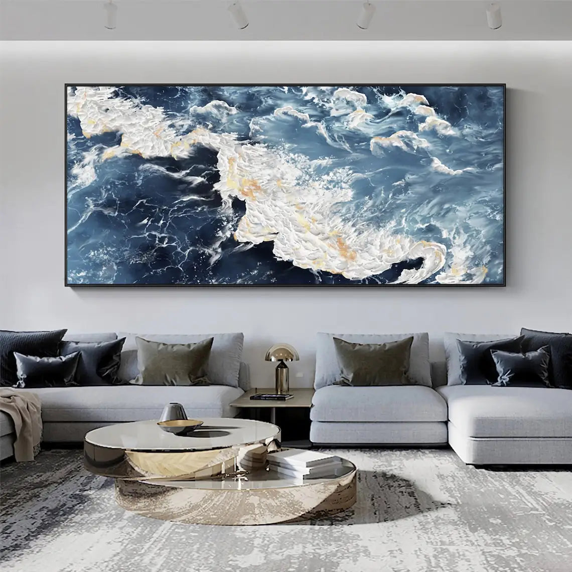 Large Sea Canvas Oil Painting Handmade Blue Sea Landscape Abstract White Wave Painting Textured Sea Painting Living Room Decor