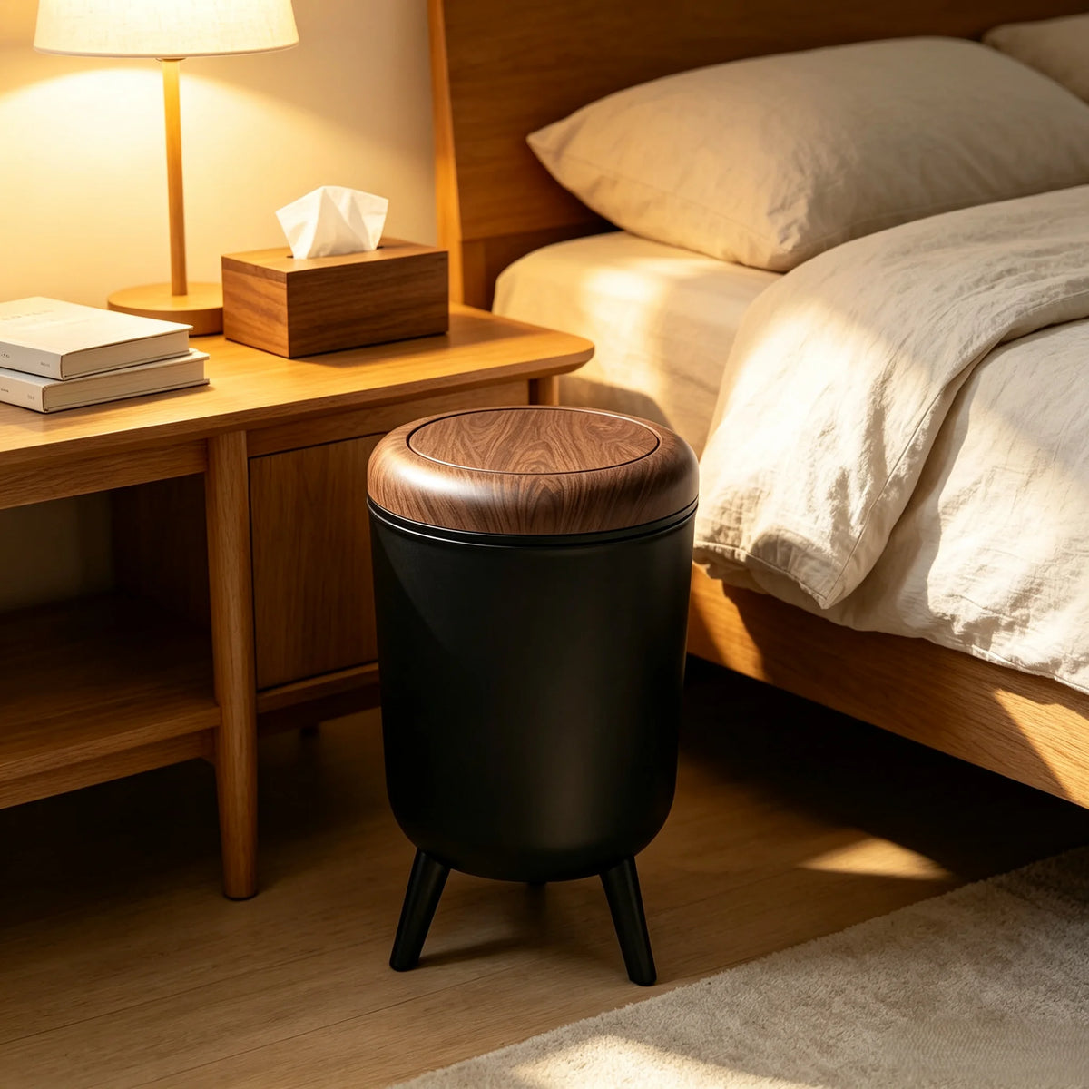 Tall Press‑Open Lidded Waste Bin with Tripod Stand, Wood‑Grain Lid Decorative Waste Container, Large‑Capacity Floor Trash Can for Home Kitchen Living Room