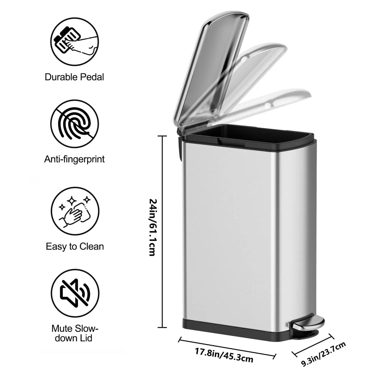 8 Gallon Slim Step Trash Can - Stainless Steel Garbage Bin with Soft-Close Lid, Removable Inner Bucket, Fingerprint-Resistant, Space-Saving for Kitchen, Bathroom, Office