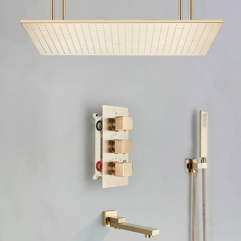 Bathroom Brushed Gold Thermostatic Shower Faucet Big Rainfall Head Ceiling Mounted Bathtub Mixer Tap Bath Shower Set System