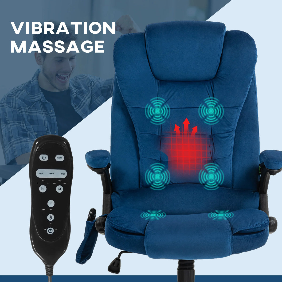 HOMCOM Executive Office Chair with 6 Points Vibration Massage and Heated Lumbar Support, Velvet High Back Computer Chair with Reclining Backrest, Tilt Function and Padded Armrests, Drak Blue
