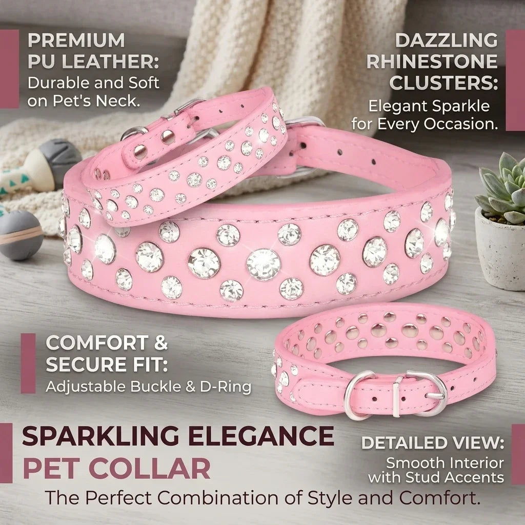 Bling Rhinestone Pet Collar Soft PU Leather Dog Collar Adjustable Neck Strap Pet Supplies for Small Medium Dogs Cats
