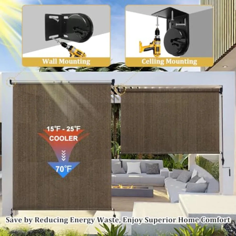 Outdoor Roller Shades with Splicing Design 8' W x 8' H CoePatio Roll Up Blinds Exterior Shade Clo Roll for Porch Gbo Pergola Balcony