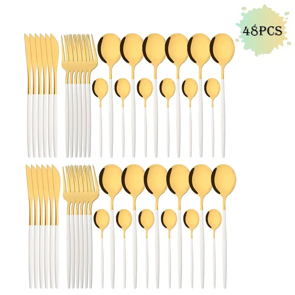 16/24/32/48Pcs Dinnerware Set White Gold Dinner Cutlery Set Stainless Steel Flatware Fork Kitchen Knife Fork Spoon Tableware Set