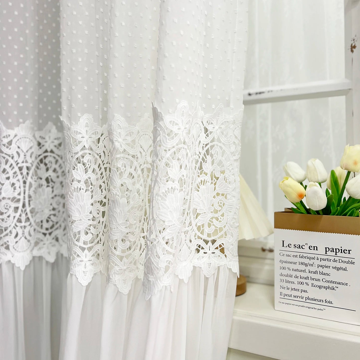 French Romantic Lace Tulle Sheer Curtains, Hollow Flower Light Filtering Drape for Bedroom, 300cm Height Extra Long Curtain
