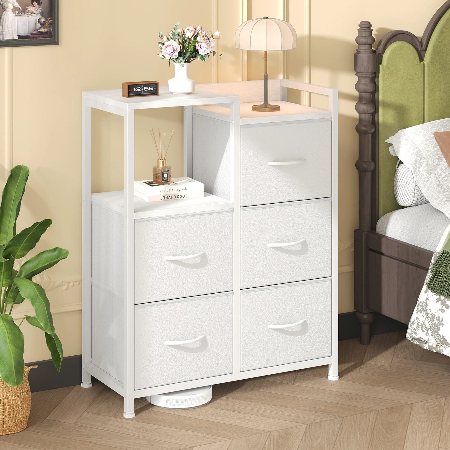 JHK  5 Fabric Drawer Chest with Raised Shelf Metal Frame TV Stands for Bedroom Storage Tower with Bins for Closet Organization Hallway Storage for Home