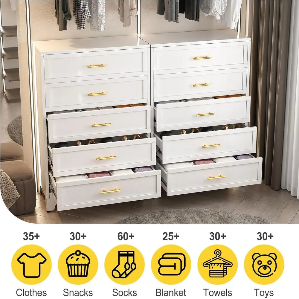 53.54 Tall Metal Drawer Unit for Bedroom, 5 Drawer White Chests, Storage Organizer, Large Space Cabinet for Living Room, Entrywa